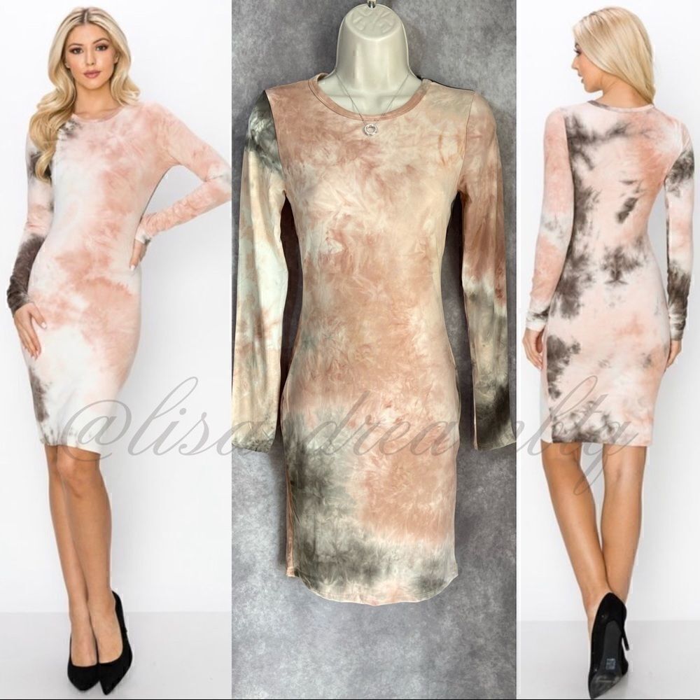 Baked Pink/Black Tie Dye Long-sleeved Body-con Midi Dress